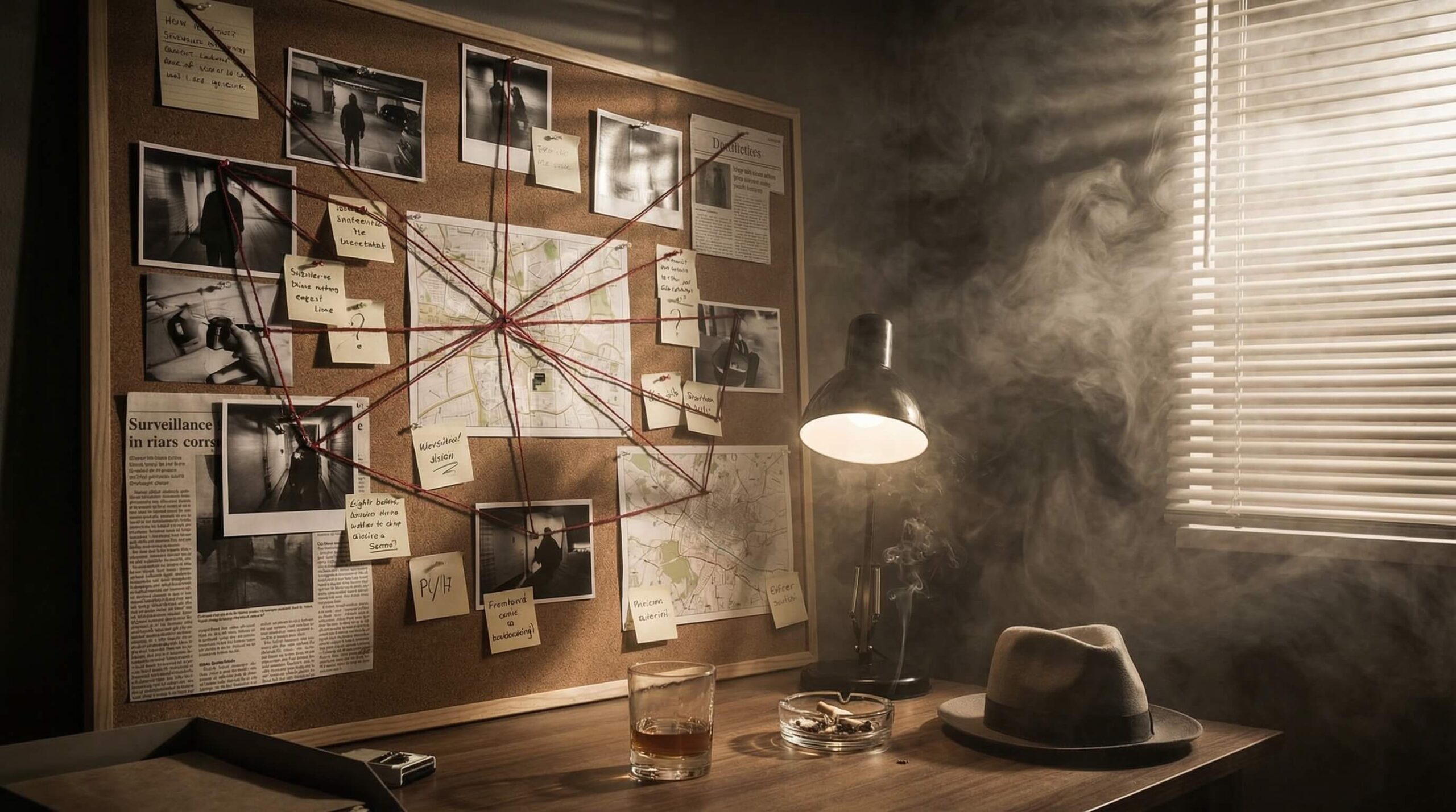 Unsolved mysteries evidence board with red strings