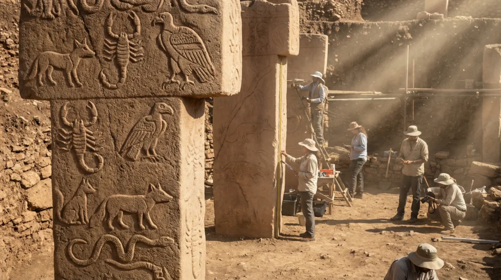 Carved stone pillars at Gobekli Tepe excavation site