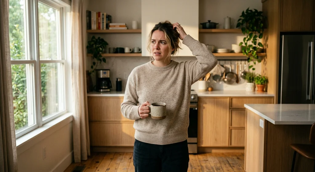 Bizarre Psychological Effects - A confused person standing in a kitchen scratching their head trying to remember why they entered the room.