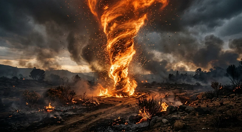 A tall, swirling tornado made entirely of orange flames and smoke spinning in a dry landscape.