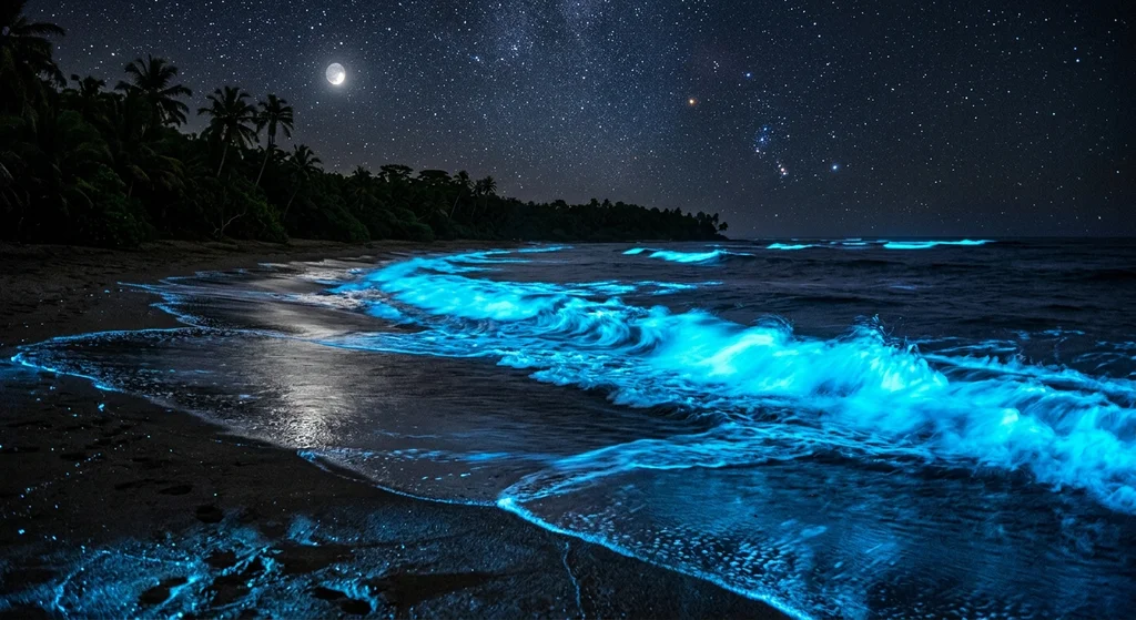 Dark ocean waves crashing onto a sandy beach glowing with bright neon blue bioluminescent light at night.