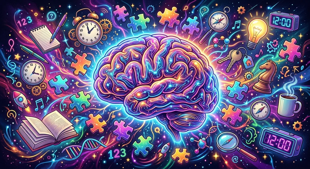 A glowing human brain surrounded by floating everyday objects and puzzle pieces.