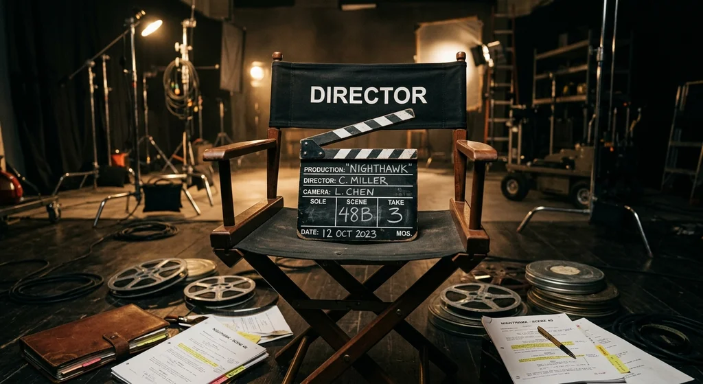 A vintage Hollywood film clapperboard resting on a canvas director's chair surrounded by messy film reels and typed script pages.