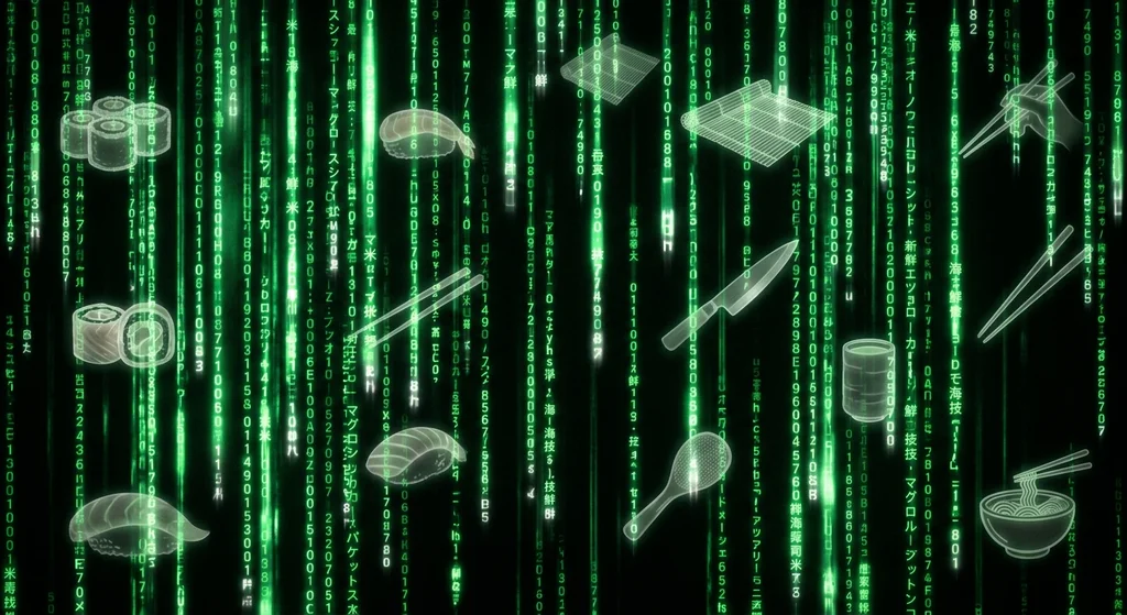 Fascinating Hidden Movie Details - Falling green digital code from the Matrix mixed with subtle outlines of Japanese sushi rolls and cooking tools.