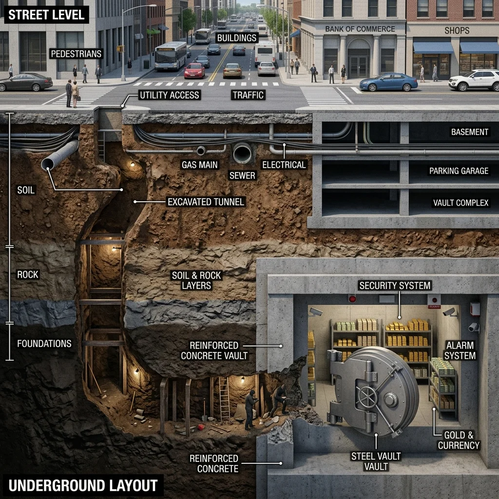incredible real-life heists comparison showing an underground tunnel to a vault
