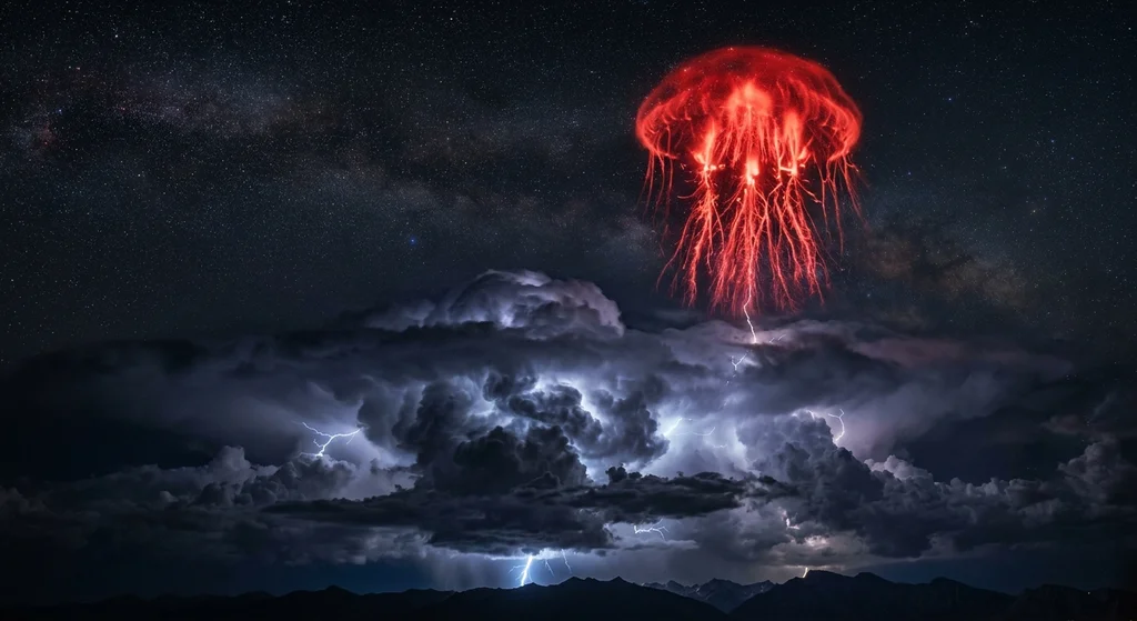 A massive red sprite lightning formation glowing above a dark thunderstorm cloud system at night.