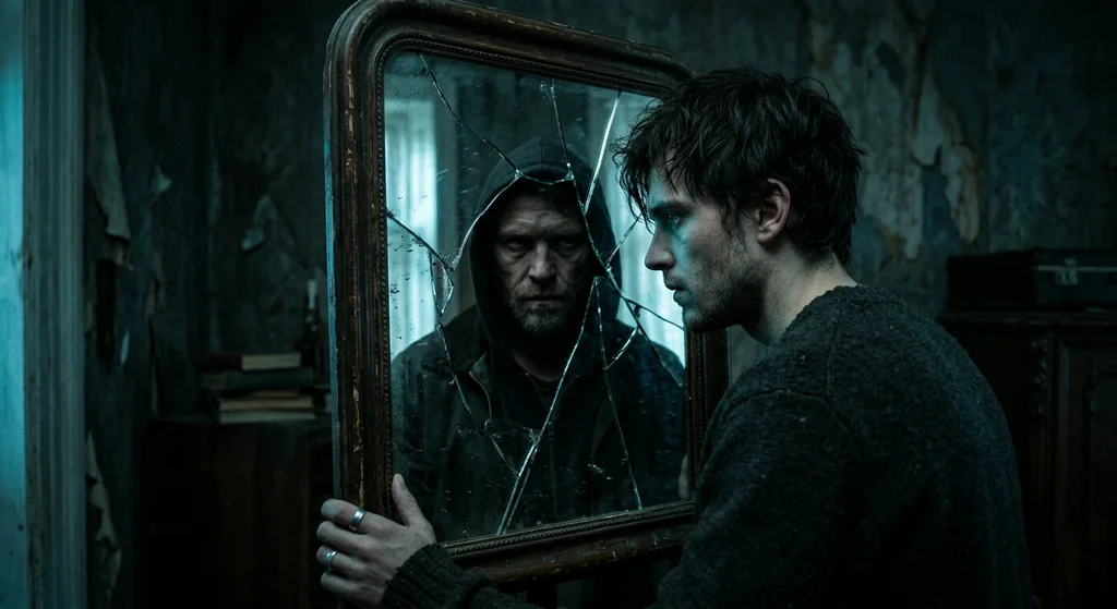 A person looking into a cracked bathroom mirror where their reflection displays a shadowy unrecognizable stranger.