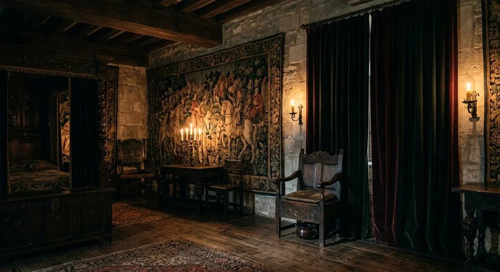 A dimly lit historical royal bedroom with heavy velvet curtains and a wooden box seat in the corner.