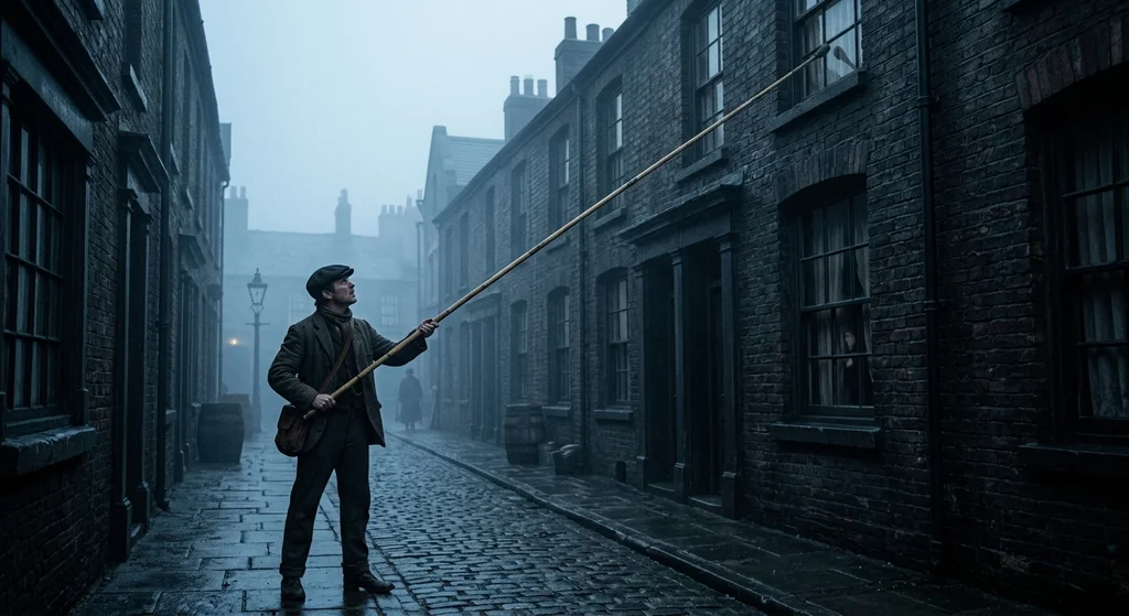 A Victorian man standing on a cobblestone street using a long bamboo pole to tap on a window above him.