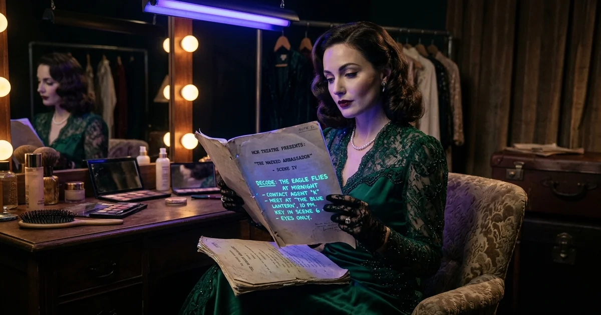 Secret Celebrity Spies - A vintage Hollywood actress in a dark dressing room examining a paper script with glowing hidden ink visible under a specialized light.