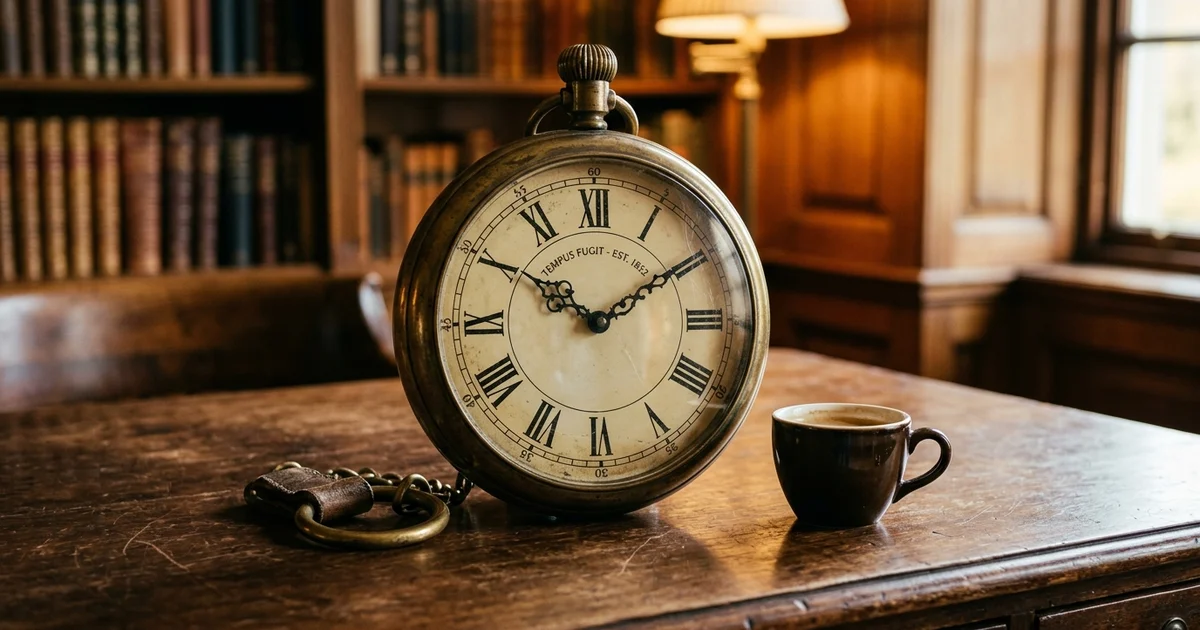 Bizarre Psychological Syndromes - A normal coffee cup sitting on a desk next to an unusually massive pocket watch.