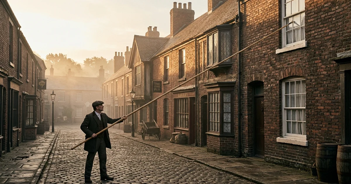 Bizarre Historical Jobs - A 19th-century man standing on a foggy cobblestone street using a long wooden pole to tap on a second-story window to wake the residents.