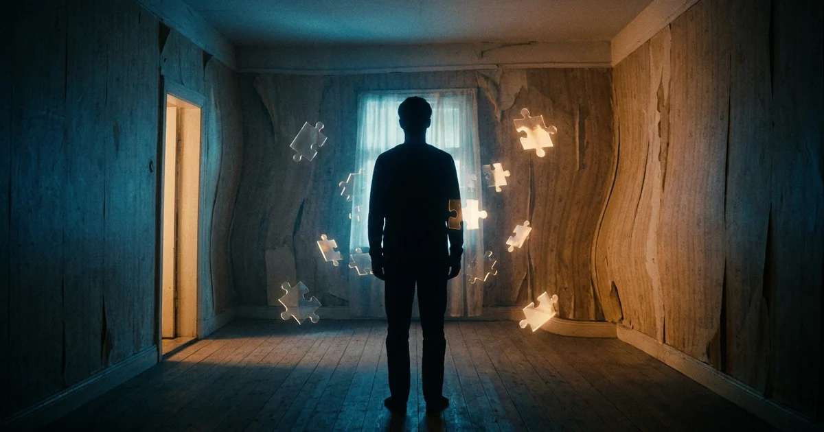 Bizarre Psychological Syndromes - A human silhouette standing in a distorted room with floating glowing puzzle pieces representing the mind.