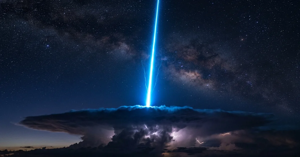 Exotic Lightning Types - A concentrated beam of blue lightning shooting upward from a dense layer of clouds into the dark night sky.
