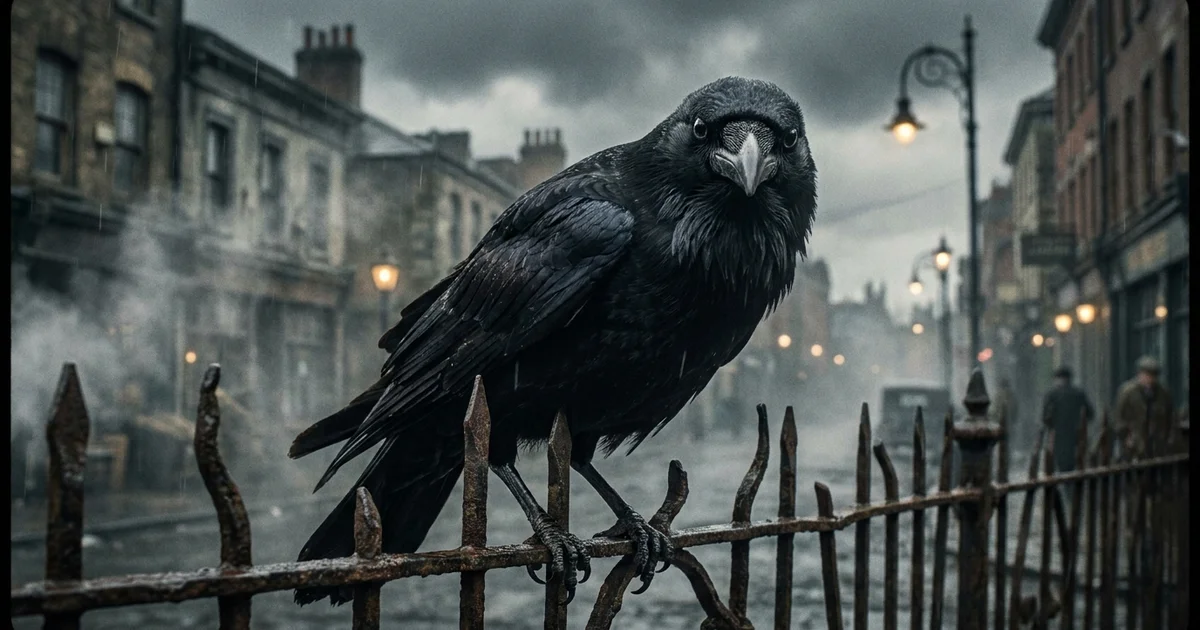 Calculated Animal Revenge - A large black crow perched on a rusted metal fence staring intensely toward the camera against a misty urban background.
