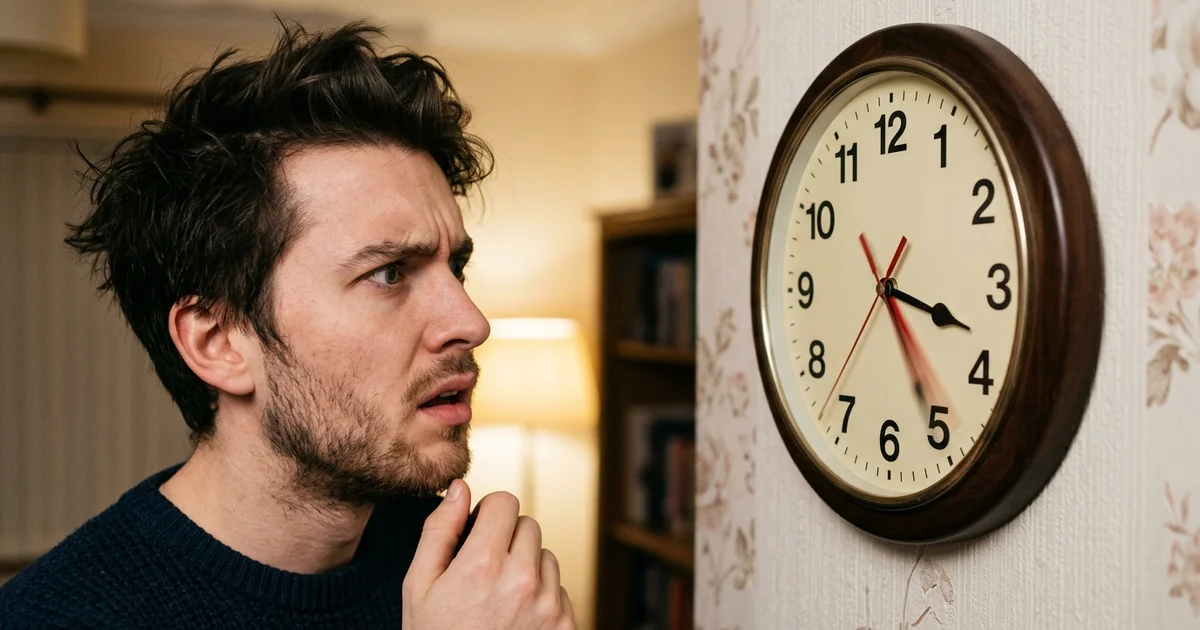 Sensory Illusions - A bewildered person staring intently at a large analog wall clock with a blurred second hand.