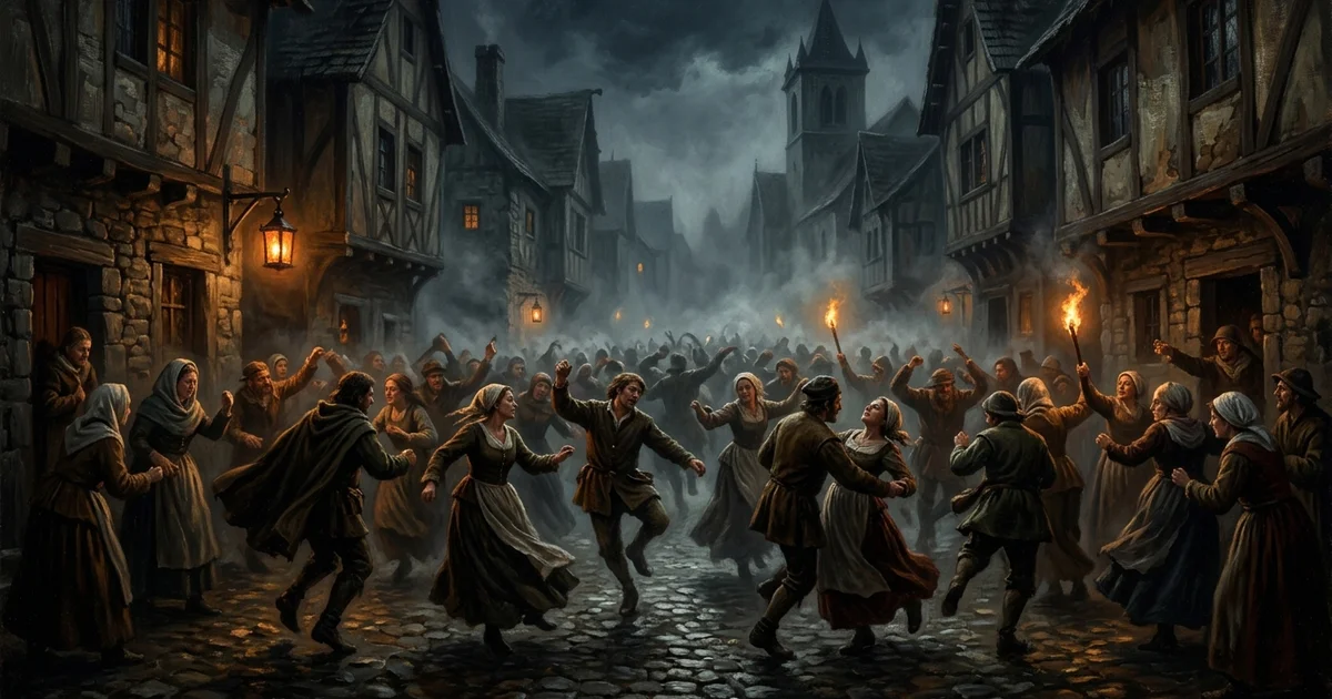 Unsolved Medical Mysteries - A painted scene of 16th-century villagers dancing uncontrollably in a medieval European street during the night.
