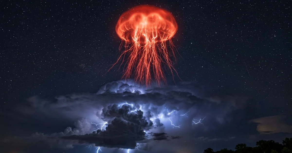 Exotic Lightning Types - A bright red atmospheric sprite lightning burst shaped like a jellyfish glowing above a dark thunderstorm cloud in the night sky.