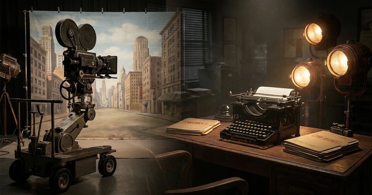 Secret Celebrity Spies - A split scene showing a bright vintage Hollywood movie camera on the left and a dark wooden desk with a 1940s typewriter and top secret folders on the right.