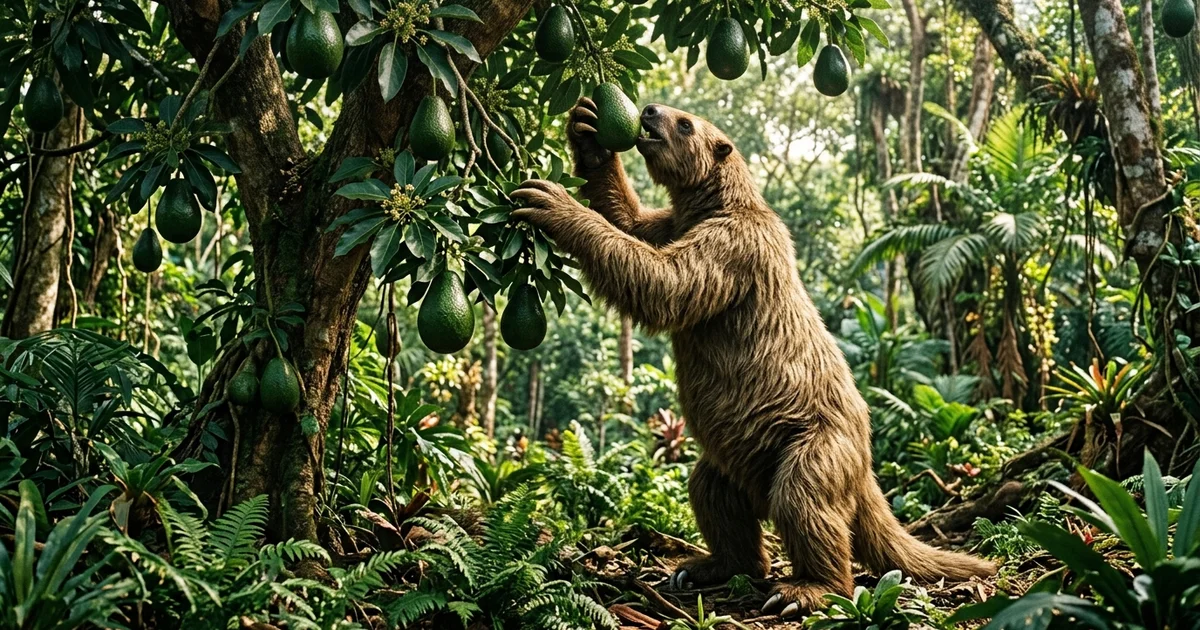 Prehistoric Food Mysteries - A towering extinct giant ground sloth standing on its hind legs to pluck large green avocados directly from a high tree branch in a dense prehistoric jungle.