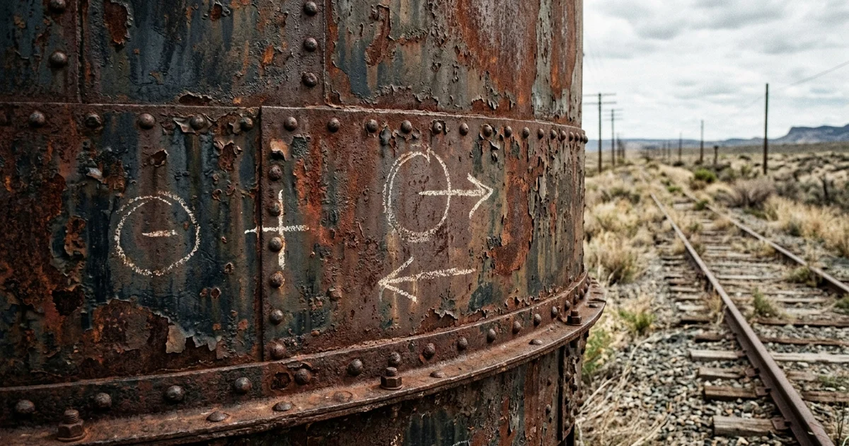 Secret Communication Systems - Faint white chalk symbols drawn on a rusty metal water tower near train tracks.