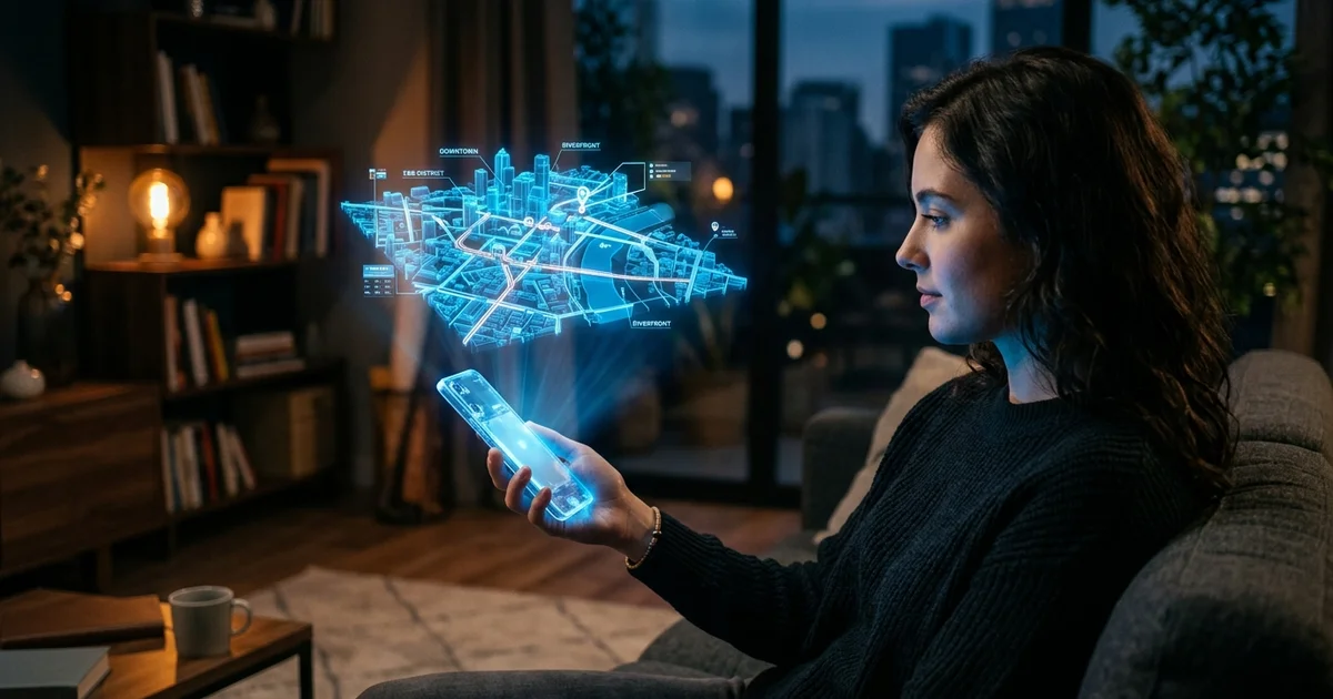Future Everyday Technology - A person holding a transparent glass smartphone that is projecting a detailed, glowing blue 3D holographic map of a city directly into the air above the screen in a modern living room.
