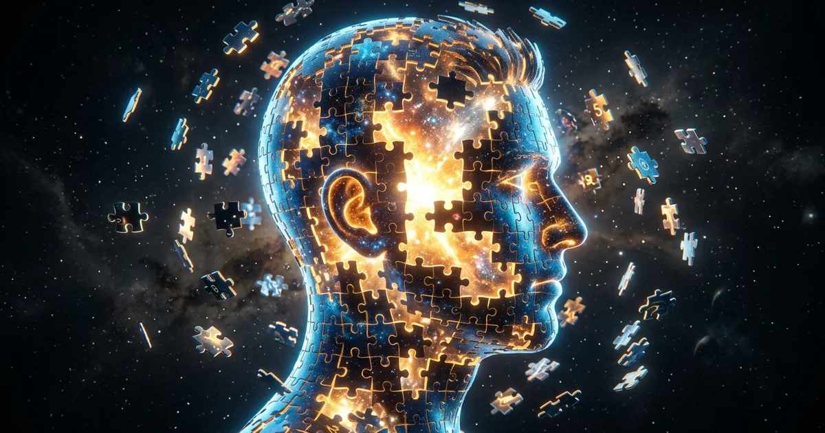 Unsolved Medical Mysteries - A glowing conceptual human brain made of floating puzzle pieces with missing segments against a dark background.