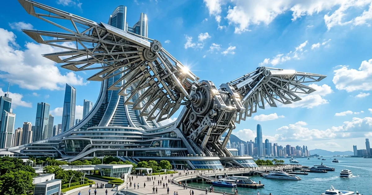 Kinetic Architecture - A large modern building featuring massive white steel wings unfolding upward like a mechanical bird under a clear blue sky.