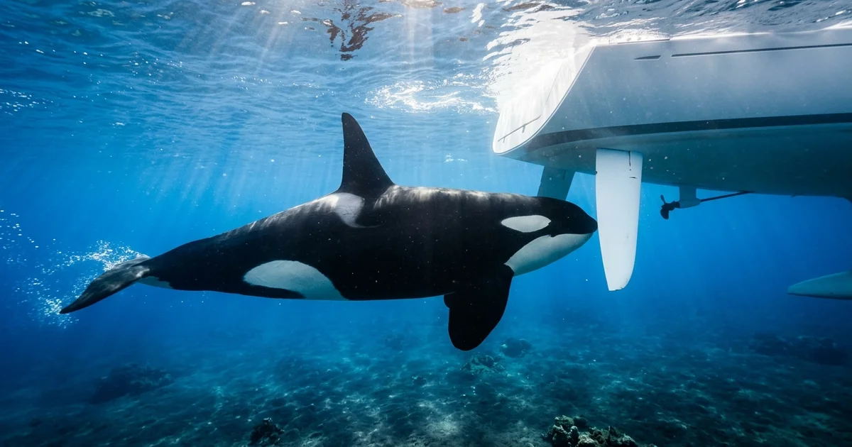 Calculated Animal Revenge - A large killer whale swimming underwater directly beneath a white yacht and approaching the steering rudder.