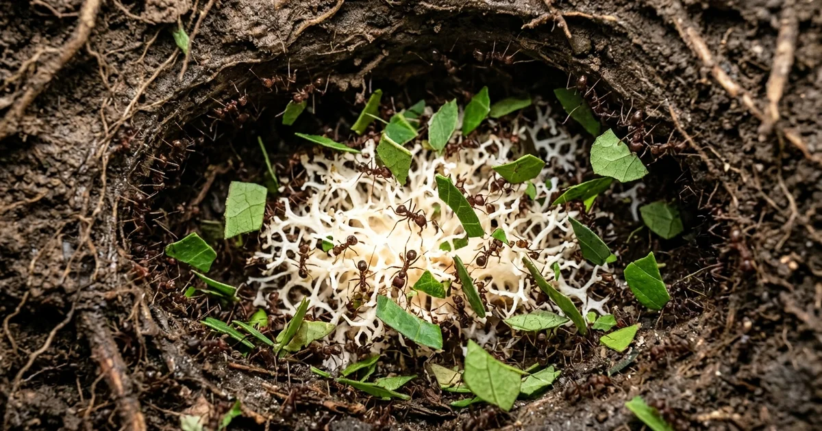 Prehistoric Food Mysteries - A macro view inside an underground dirt chamber where dozens of small red ants are placing green leaf fragments onto a massive, spongy white fungus structure.