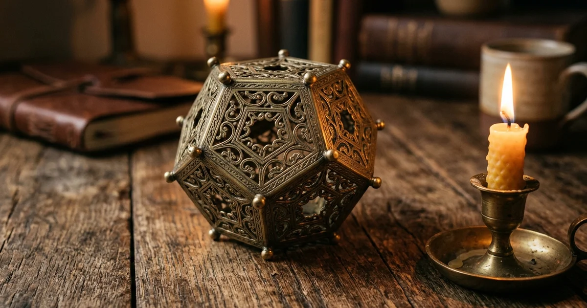 Out-of-place Artifacts - A hollow bronze twelve-sided geometric object with circular holes and small rounded knobs resting on a wooden table beside a lit candle.