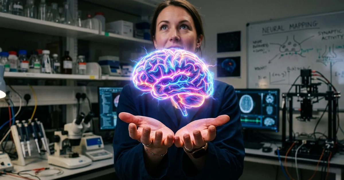 Sensory Illusions - A glowing human brain hovering above two hands in a futuristic science laboratory setting.