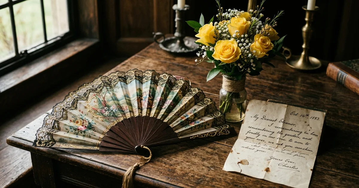 Secret Communication Systems - A Victorian hand fan and a bouquet of yellow roses resting on a wooden desk next to a handwritten letter.