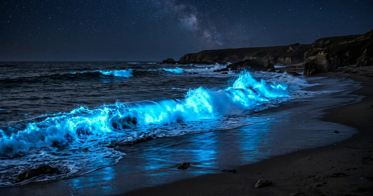 Surreal Natural Phenomena - Dark ocean waves crashing onto a beach at night, glowing with a bright neon blue light from bioluminescent plankton.