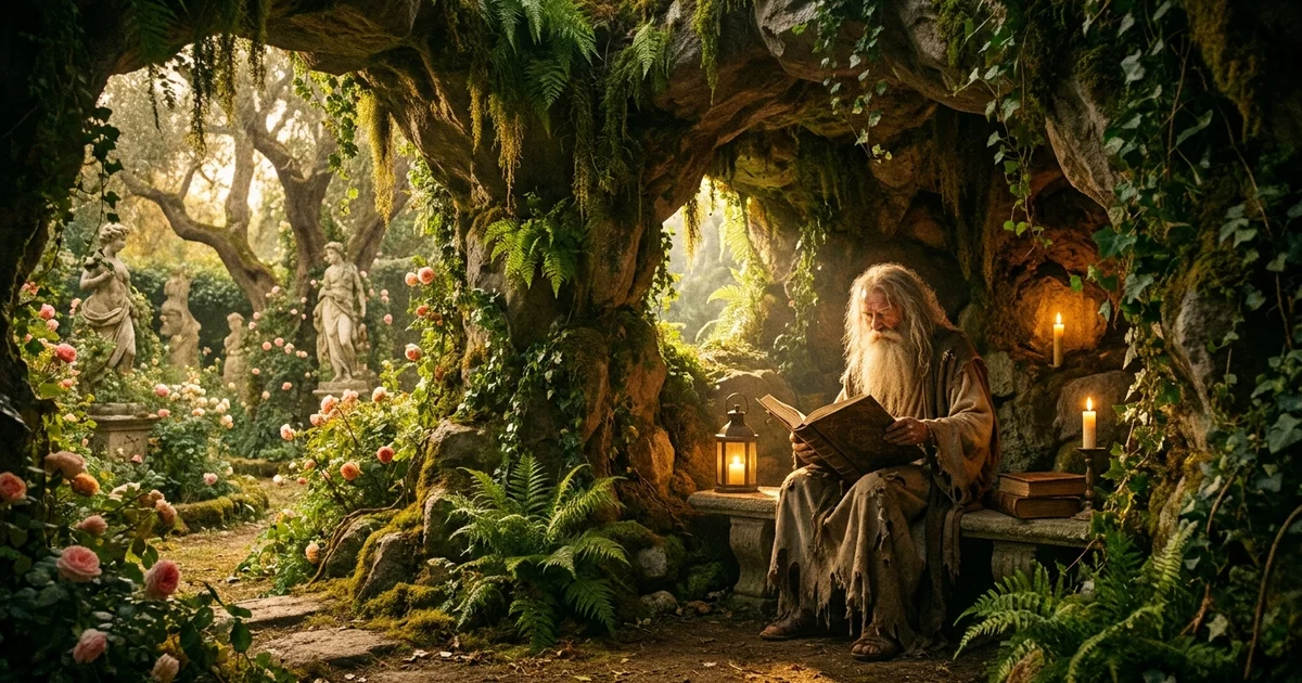 Bizarre Historical Jobs - An older man with a long white beard sitting inside a stone grotto in a lush garden, dressed in simple rustic robes.